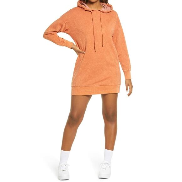 BP. Women's Washed Long Sleeve Hooded Sweatshirt Dress in Rust Amber Small $49 - Picture 1 of 3